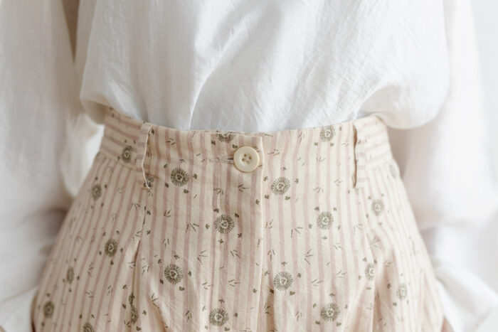 Stripe Khadi Cotton Flower Hand Print Tapered Tuck Pants 4