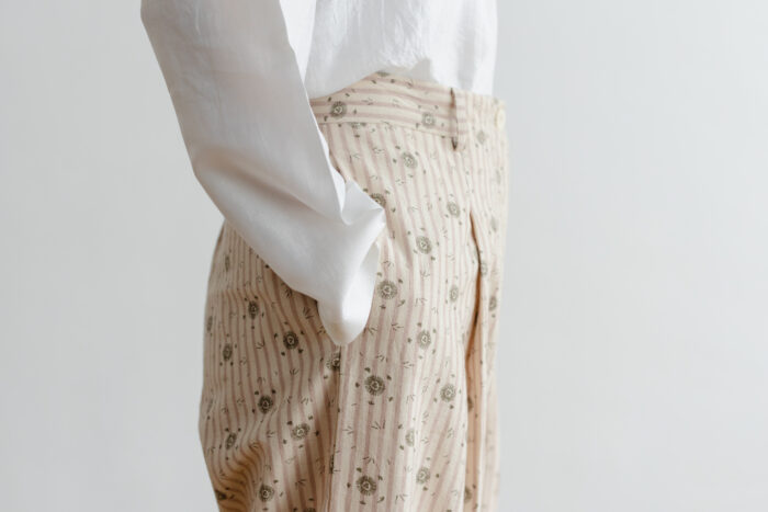 Stripe Khadi Cotton Flower Hand Print Tapered Tuck Pants 5