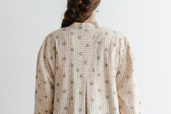 Stripe Khadi Cotton Flower Hand Print Embroidery Wide Coat 5