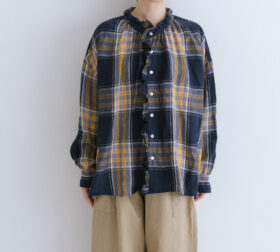 LA231 TARTAN LINEN ORDINARY FRILL BLOUSE navy check 1