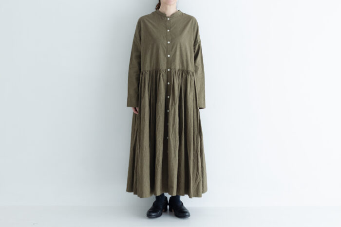 予約 G873 SWITCHING GATHER SHIRT DRESS olive 10月初〜10月中 1