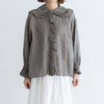 予約 G1160 ameri ANTIQUE FRILL BLOUSE fade gray 3月初〜4月初