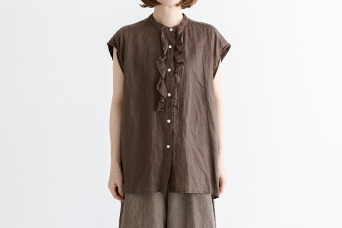 予約 R360 LINEN FRILL NO SLEEVE BLOUSE brown  4月末〜5月末 1