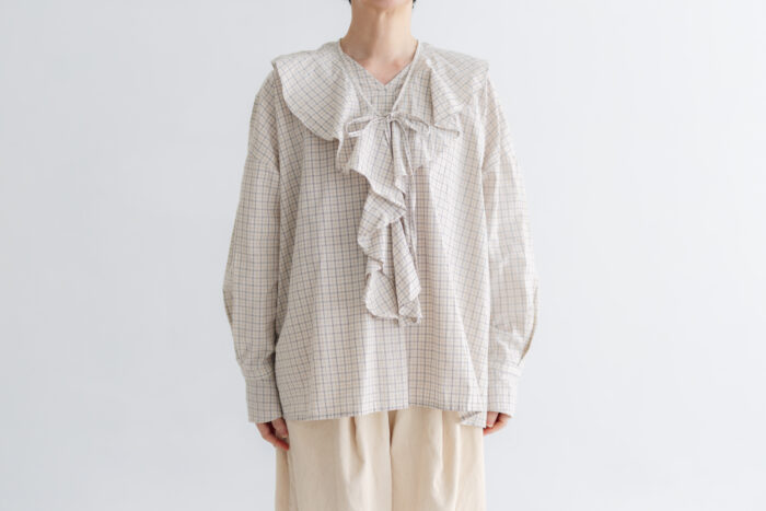予約 RS11 2WAY FRILL COLLAR BLOUSE white check 9月中〜9月末 1