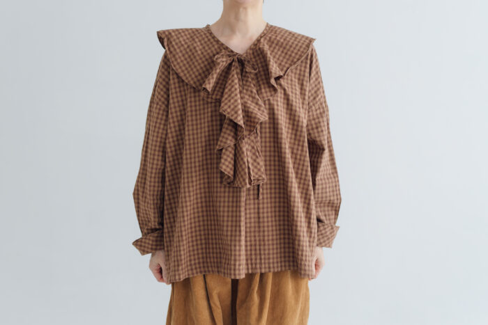 予約 RS11 2WAY FRILL COLLAR BLOUSE brown check 9月中〜9月末 1