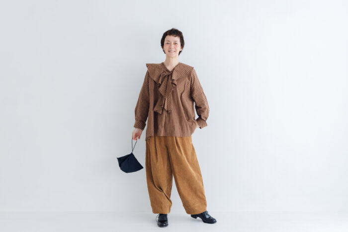 予約 RS11 2WAY FRILL COLLAR BLOUSE brown check 9月中〜9月末 5